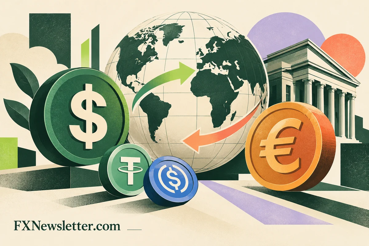 Editorial illustration connecting fiat currencies and digital dollars around a globe